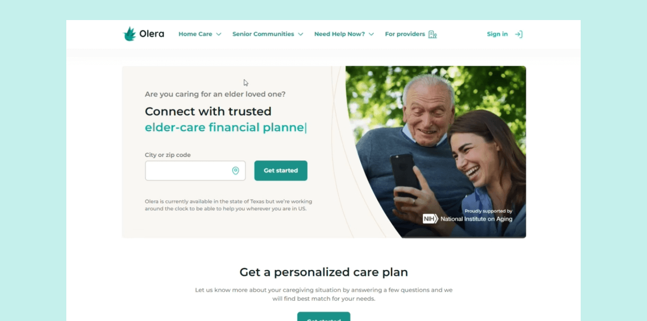 An image showing Olera design homepage. A web app in elder care.