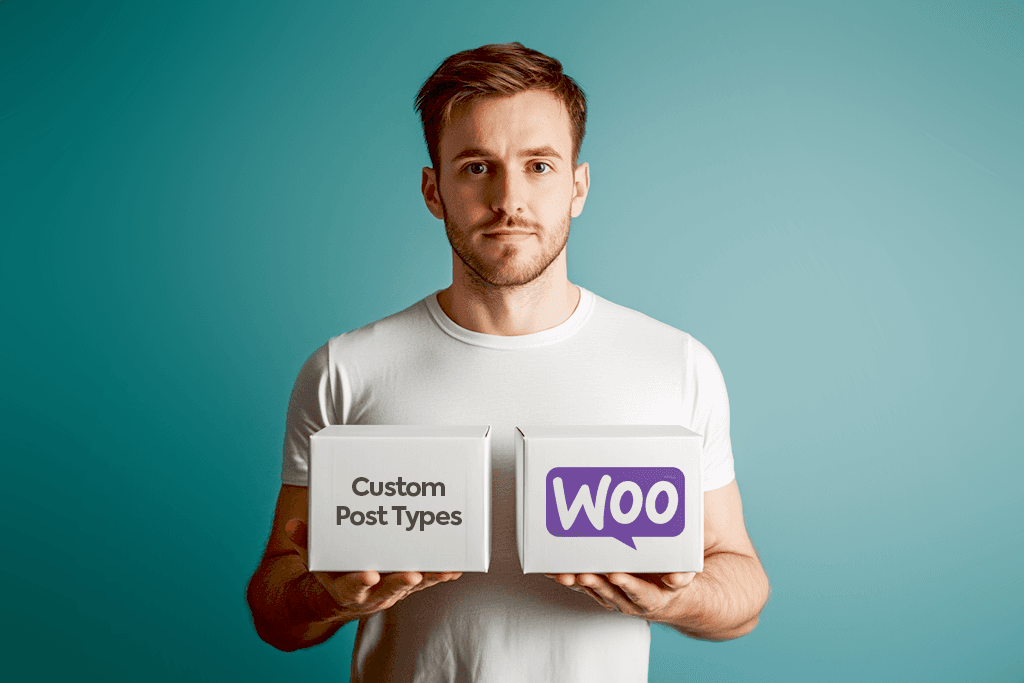 White male in a white t-shirt holding one box in each hand. The boxes are labeled "Custom Post Types" and "Woo".