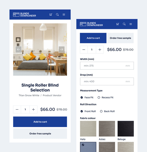 Custom blinds product calculator in Shopify store for Blinds Downunder